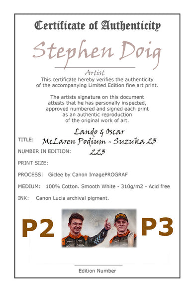 Lando & Oscar - McLaren Podium -  Suzuka 2023 - Ltd edition giclee print by Stephen Doig