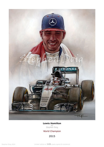 Lewis Hamilton - World Champion 2015 -  Ltd edition giclee print by Stephen Doig