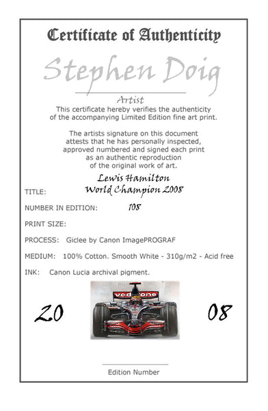 Lewis Hamilton - World Champion 2008 -  Ltd edition giclee print by Stephen Doig