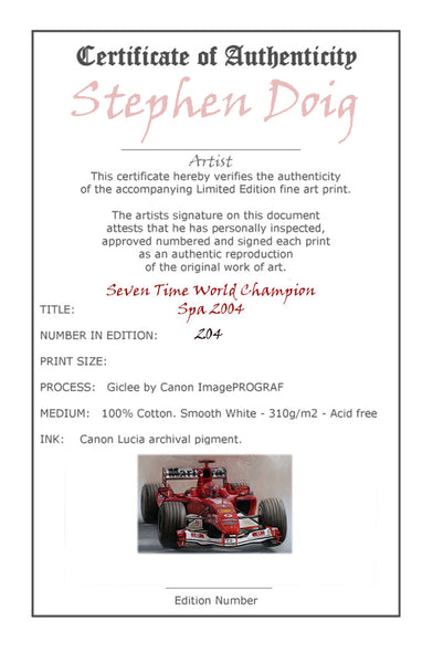 Michael Schumacher - Spa 2004 - Seven Time World Champion -  Ltd edition giclee print by Stephen Doig