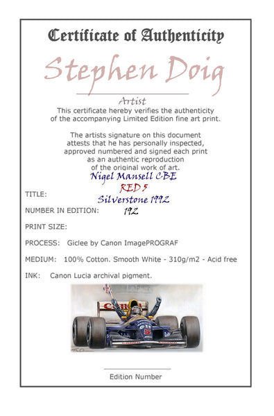 Nigel Mansell - Silverstone 1992 -  Ltd edition giclee print by Stephen Doig