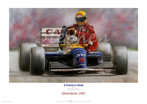 Nigel Mansell & Ayrton Senna  ' A Friend in Need'  Ltd edition giclee print by Stephen Doig