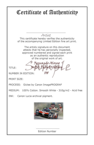 Fernando Alonso, WEC Debut Victory 2018  Ltd edition of 108 copies.