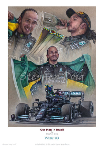 Sir Lewis Hamilton MBE   - Our Man in Brazil -   Ltd edition giclee print by Stephen Doig
