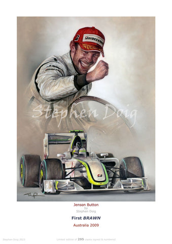 Jenson Button - First BRAWN - Australia 2009  Ltd edition giclee print by Stephen Doig