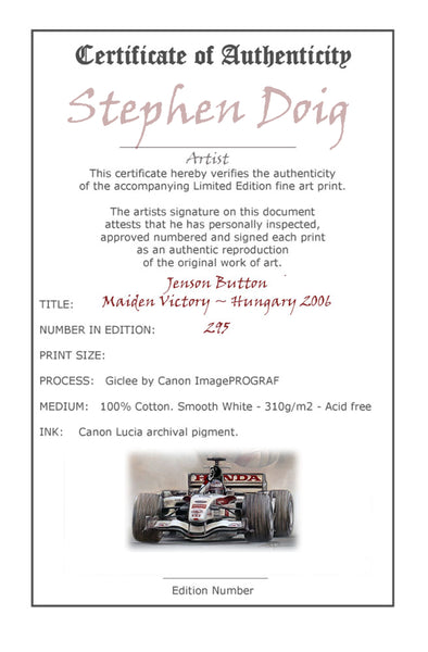 Jenson Button - Maiden Victory - Hungary 2006  Ltd edition giclee print by Stephen Doig