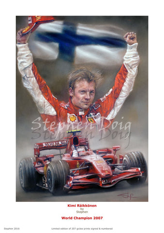 Kimi Raikkonen World Champion 2007 Ltd edition giclee print by Stephen Doig