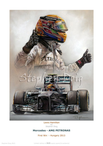 Lewis Hamilton - First Mercedes Win - Hungary 2013  Ltd edition giclee print by Stephen Doig