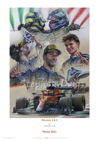 McLaren 1 & 2   Monza 2021  Ltd edition giclee print by Stephen Doig