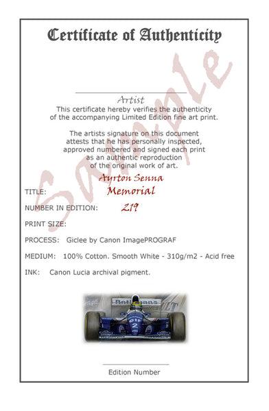 Ayrton Senna  ' Memorial'   Ltd edition giclee print by Stephen Doig