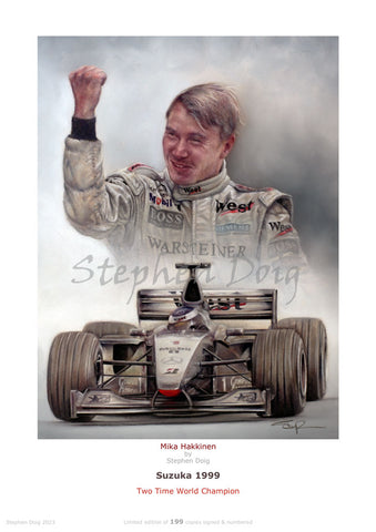 Mika Hakkinen - World Champion 1999  Ltd edition giclee print by Stephen Doig