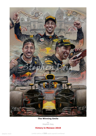 Daniel Ricciardo   A Winning Smile  Victory in Monaco 2018    Ltd edition giclee by Stephen Doig, 250 copies.