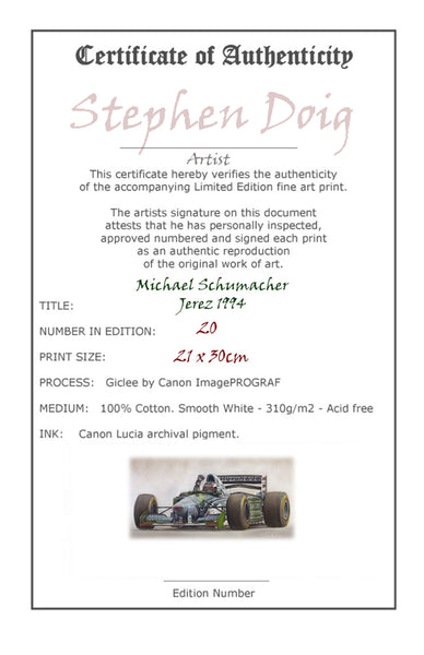 Michael Schumacher  Jerez 1994   Ltd giclee edition of 20 copies.