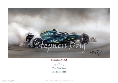 Sebastian  Vettel - The Final Lap - Abu Dhabi 2022  Ltd edition giclee print by Stephen Doig