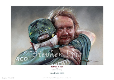 Sebastian  Vettel - Father & Son - Abu Dhabi 2022  Ltd edition giclee print by Stephen Doig