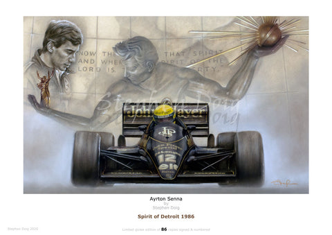 Ayrton Senna Spirit of Detroit 1986   Ltd edition giclee print by Stephen Doig