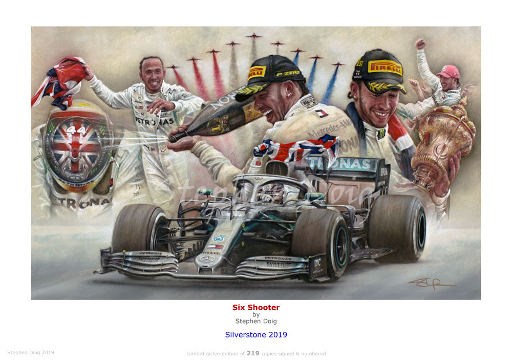 Lewis Hamilton ' Six Shooter'  Silverstone 2019   Ltd edition giclee print by Stephen Doig