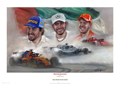 Alonso - Hamilton - Vettel   ' Whirling Dervishes'  Ltd edition giclee print by Stephen Doig