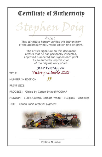 Max Verstappen  Imola 2021  Ltd edition giclee print by Stephen Doig